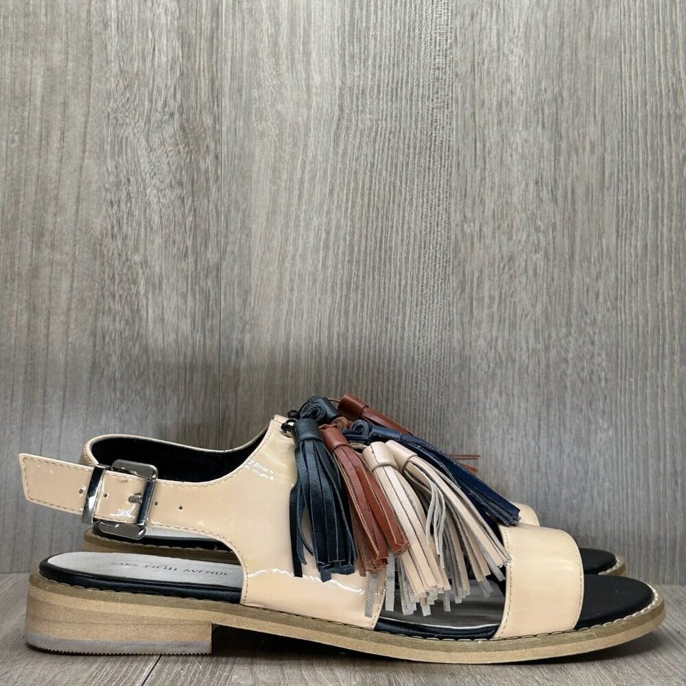 Saks Fifth Avenue Patent Sandals Women Size 8.5 Beige Maria Tasseled Sling Back - Picture 3 of 12